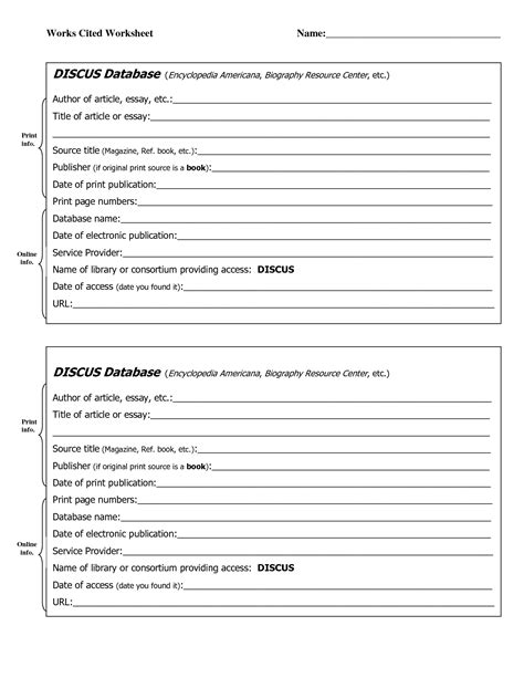 Mla Worksheet Practice Works Cited Page