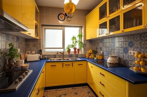 Premium AI Image | A kitchen with a yellow kitchen with a blue ...