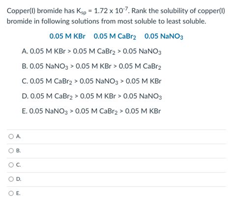 Solved Copper(I) bromide has Ksp = 1.72 x 10-7. Rank the | Chegg.com