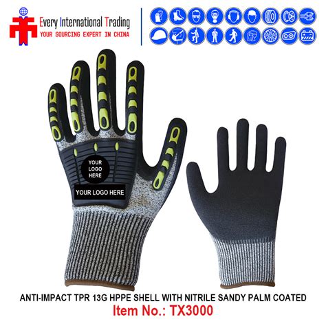 Yellow Anti Impact TPR 15g Hppe Sandy Nitrile Palm Coated Safety Work