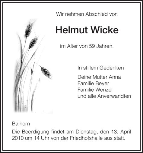 Traueranzeigen Von Helmut Wicke Trauer HNA De