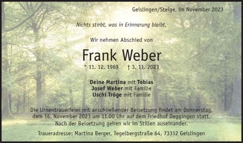 Traueranzeigen von Frank Weber Südwest Presse Trauer