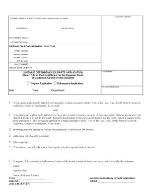 Fillable Online Saccourt Ca Juvenile Dependency Ex Parte Application