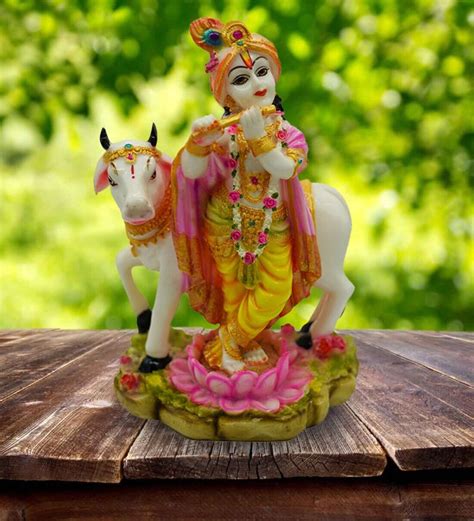 Buy Multicolour Marble Handpainted Lord Krishna Idol With Nandi By