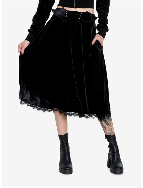 Cosmic Aura Black Bat Velvet Midi Skirt Hot Topic