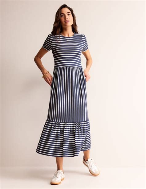 Tiered Easy Jersey Midi Dress French Navy Ivory Stripe Boden US