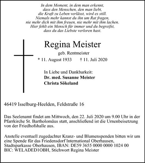 Traueranzeigen Von Regina Meister Trauer In Nrw De