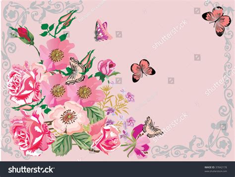 Illustration Pink Butterflies Rose Flowers Decoration Stock Vector