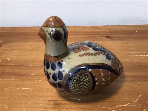 Mexican Tonala Pottery Quail Folk Art Figurine Blue Brown Hand Painted