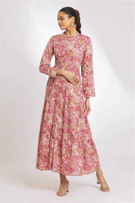 Buy Pink Cotton Printed Floral Band Collar Tiered Anarkali For Women By