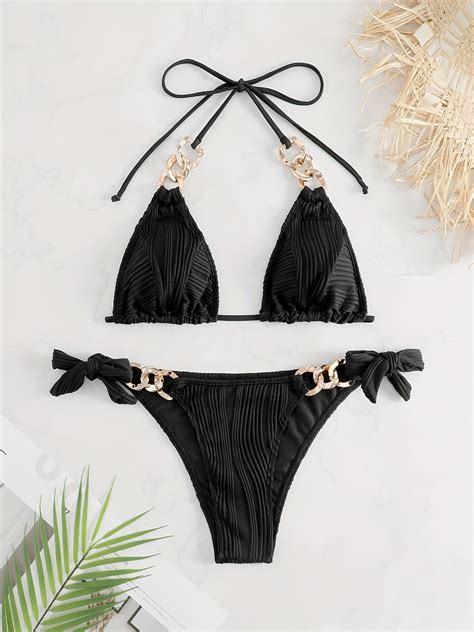 Piece Golden Chain Bikini Set Striped Ruched Texture Tie Side