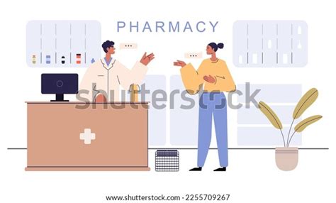 Pharmacy Pharmacist Client Counter Drugstore Cartoon Stock Vector