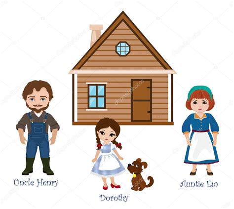 Ilustración de Dorothy y su familia Tío Henry tía Em en el fondo de