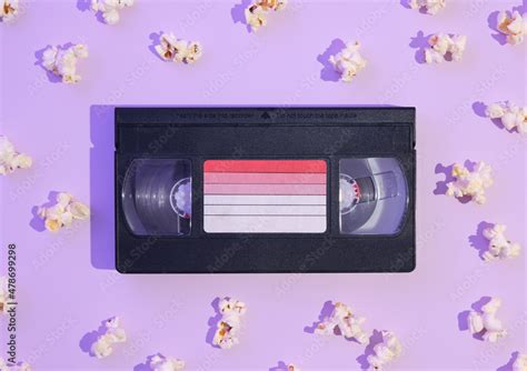 Vhs Video Cassette And A Lot Of Popcorn Flat Lay Bright Composition