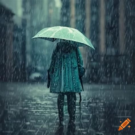 Person Holding Umbrella Under Heavy Rain In The City