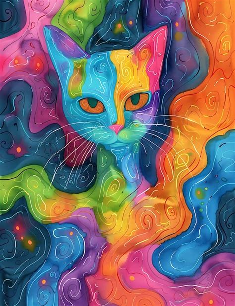 Abstract Cat Portrait In Vibrant Colors Premium Ai Generated Image