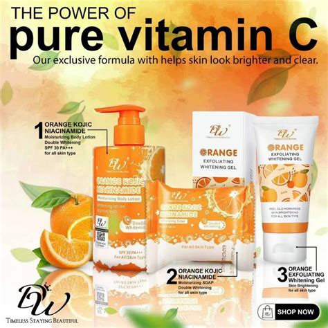 DW 3in1 Orange Kojic Vitamins C Skincare Set Includes Lotion Soap And