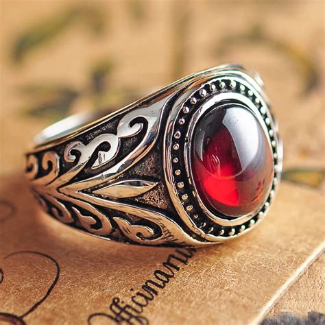 Real 925 Sterling Silver Jewelry Vintage Rings For Men Engraved Flowers With Black Onxy Red