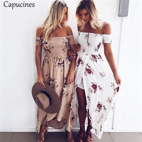 Boho Style Floral Print Sexy Off Shoulder Beach Dress 2018 Summer Women Chiffon Maxi Long Dress