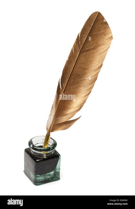 Feather Quill And Glass Ink Bottle Isolated On White Background Stock