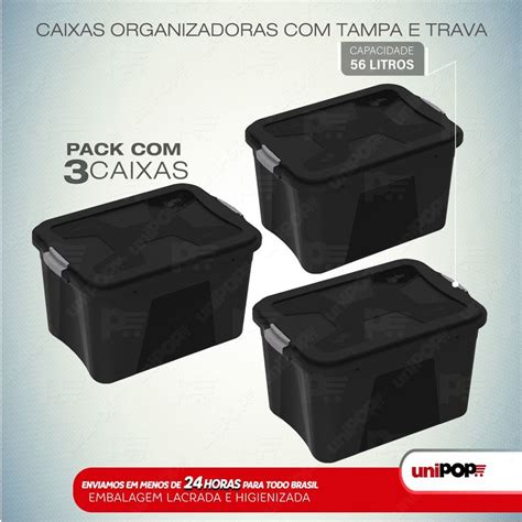 Kit Caixas Organizadoras Preta Litros Travas Uninjet