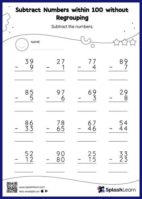 Subtract Numbers Within 100 Without Regrouping Vertical Subtraction Math Worksheets Splashlearn