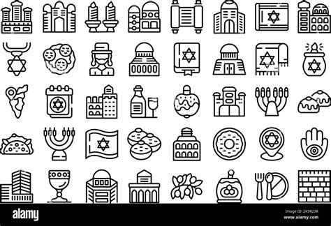 Israel Icons Set Outline Vector Airplane Anniversary Tower Wall Stock