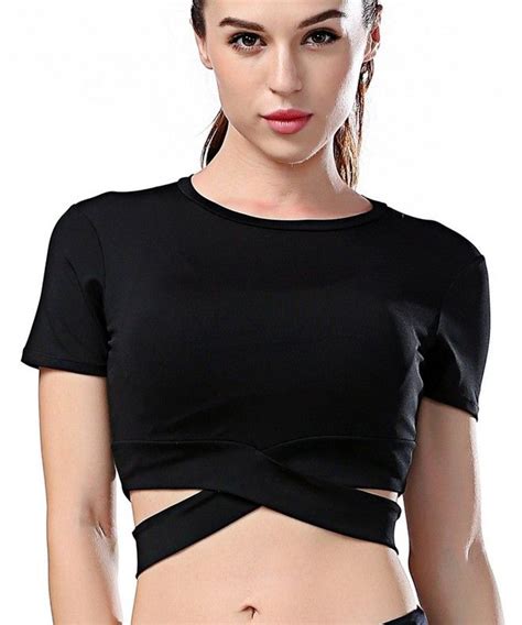 Womens Yoga Gym Crop Top Compression Workout Athletic Short Sleeve