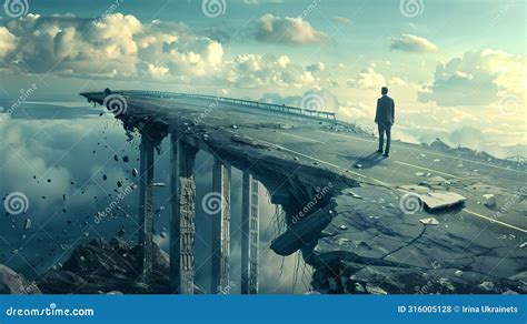 Man Standing On The Edge Of A Crumbling Bridge Above Clouds Conceptual