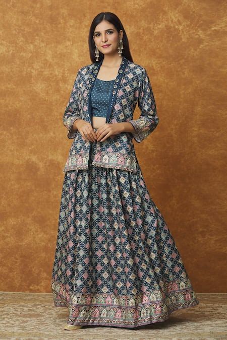 Buy Blue Printed Floral Jacket Shawl Collar Mughal Lehenga Set For Women By Samyukta Singhania