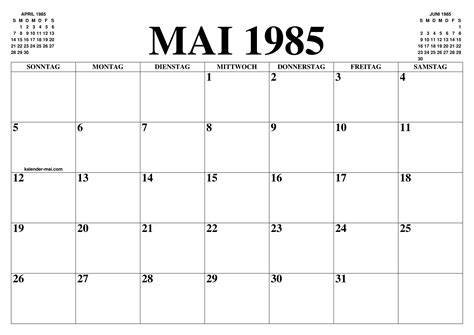 KALENDER MAI 1985 MAI KALENDER ZUM AUSDRUCKEN GRATIS MONAT UND JAHR