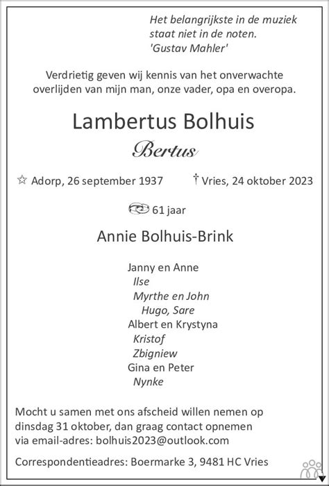 Lambertus Bertus Bolhuis Overlijdensbericht En