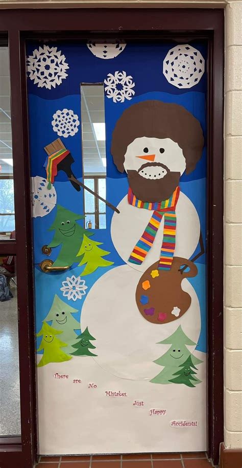 A Door Decorated To Look Like A Snowman With A Beard And Scarf On It