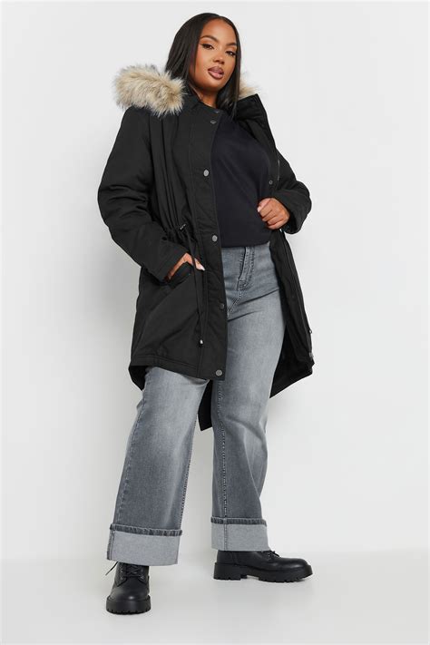 Yours Plus Size Black Faux Fur Trim Parka Coat Yours Clothing