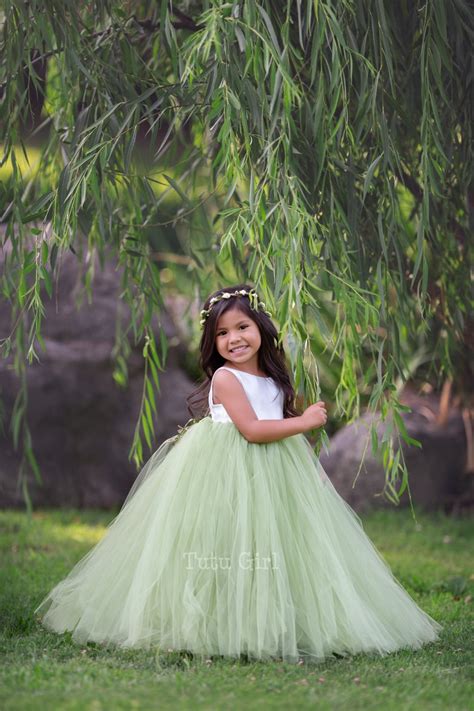 Flower Girl Dress Olive Green Tulle Flower Girl Dress Bridal White