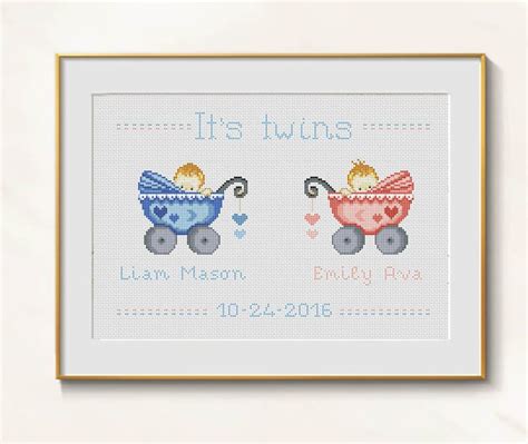 Twins Cross Stitch Birth Sampler Pdf New Baby Announcement Birth Record