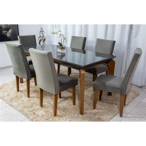 Mesa De Jantar Londrina 180cm Canto Reto C 6 Cadeiras Athenas Grafite