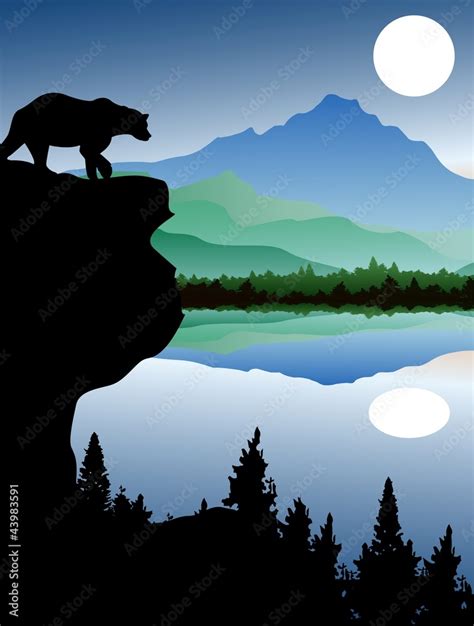 bear silhouette with forest and lake background Stock Vector | Adobe Stock