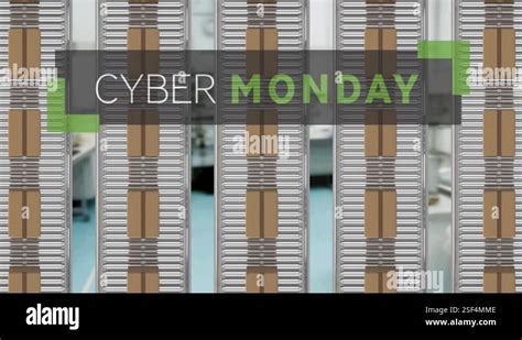 Animation Of Cyber Monday Text Over Cardboard Boxes On Conveyor Belts