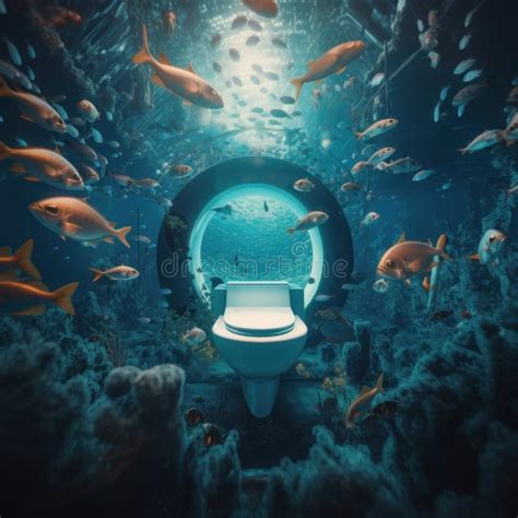 A Toilet In The Middle Of The Ocean Surrounded By Fish Generative Ai