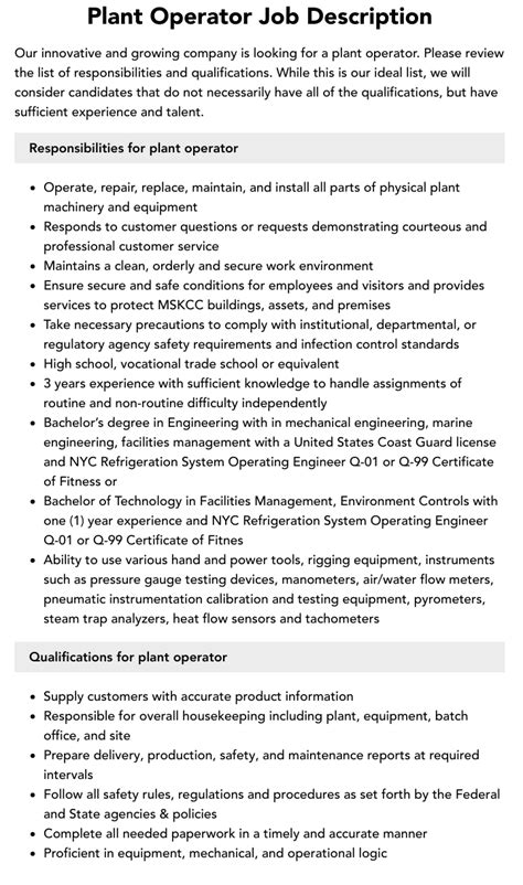 Plant Operator Job Description Velvet Jobs