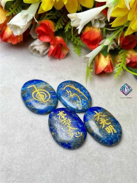 Lapis Lazuli Stone Set Of Usui Reiki Symbol Engraved Oval Shape Stone