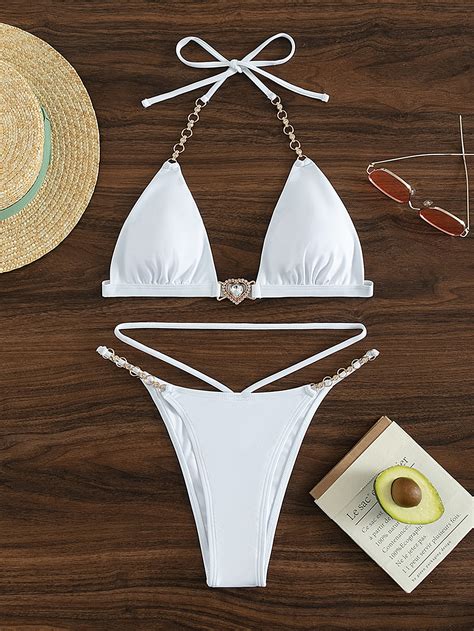 SHEIN Swim SXY Fake Gem Decor Halter Micro Triangle Bikini Swimsuit