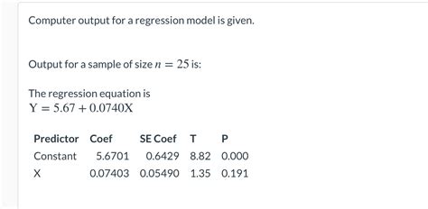 Solved Computer Output For A Regression Model Is Given