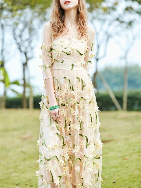 Apricot Gauze Embroidered Maxi Dress Sheinsheinside