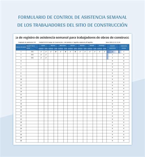 Plantilla De Excel Formulario De Control De Asistencia Semanal De Los