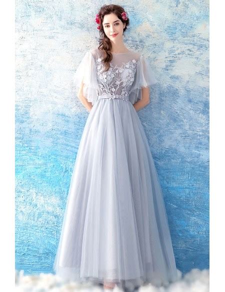 [ 120 28] Flowy Grey Long Tulle A Line Prom Dress With Butterfly