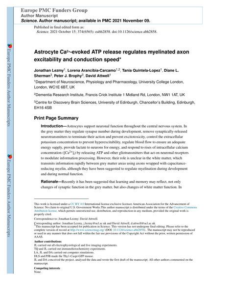 PDF Astrocyte Ca2 Evoked ATP Release Regulates Myelinated Axon