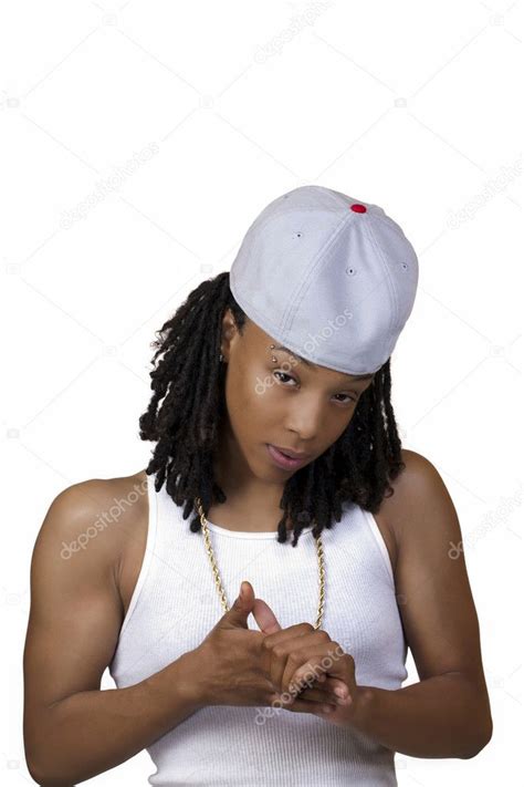 Young Black Woman Baseball Cap White Shirt — Stock Photo © jeffwqc ...