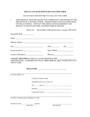 Fillable Online Bonus Declination Form Mille Lacs Band Of Ojibwe Fax